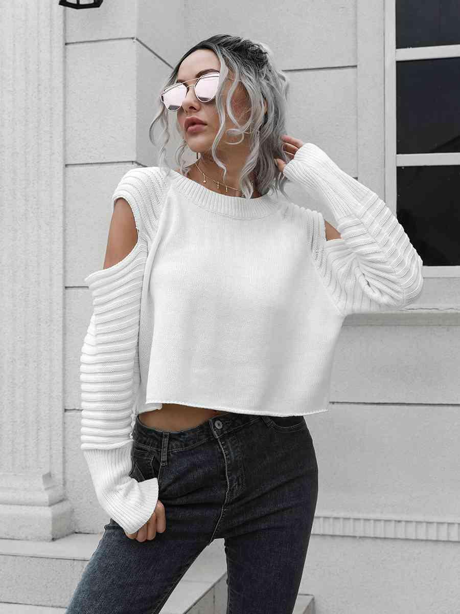 Undistracted Ribbed Trim Cold Shoulder Sweater - MXSTUDIO.COM