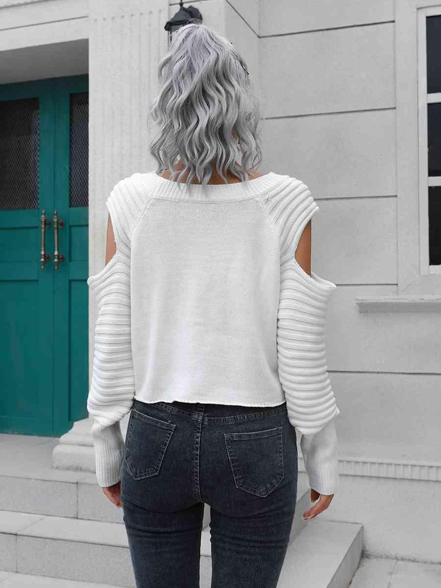 Undistracted Ribbed Trim Cold Shoulder Sweater - MXSTUDIO.COM
