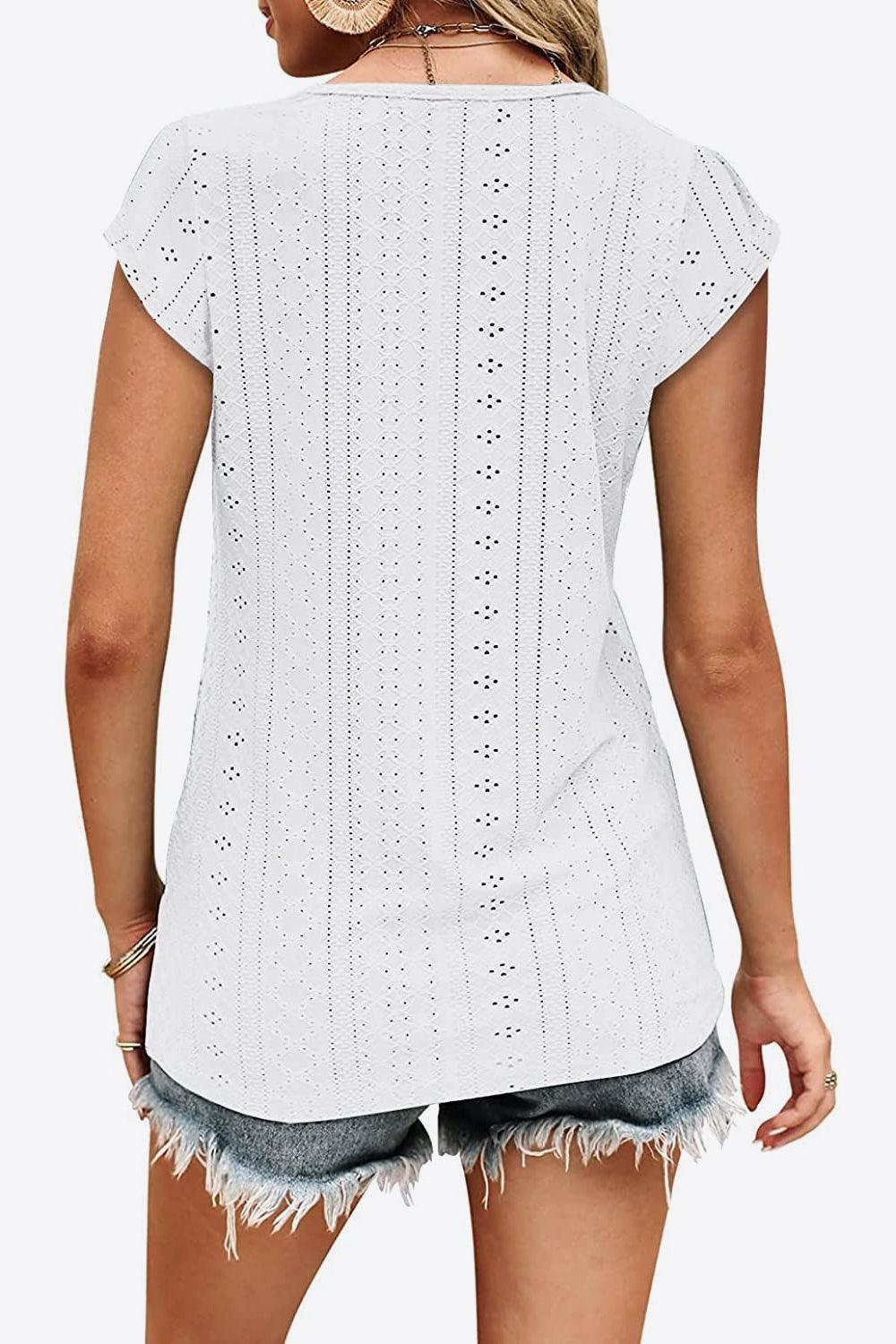 Unfazed Eyelet Short Sleeve V Neck Blouse - MXSTUDIO.COM