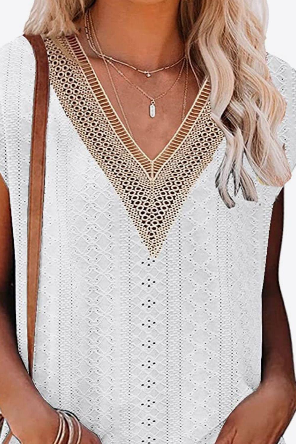 Unfazed Eyelet Short Sleeve V Neck Blouse - MXSTUDIO.COM