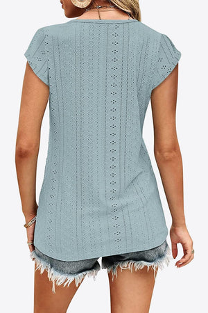 Unfazed Eyelet Short Sleeve V Neck Blouse - MXSTUDIO.COM