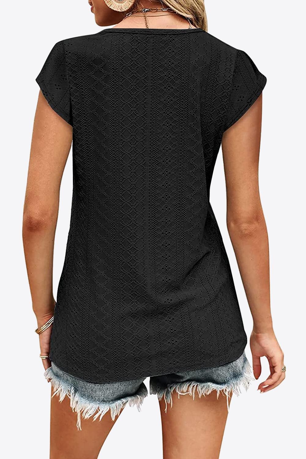 Unfazed Eyelet Short Sleeve V Neck Blouse - MXSTUDIO.COM