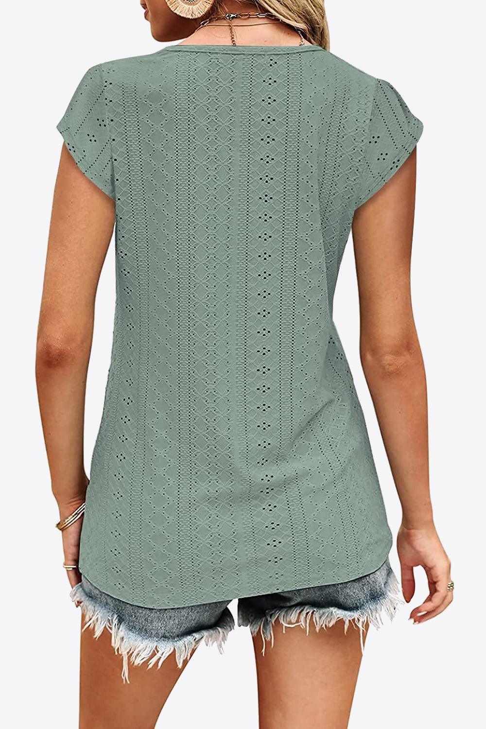 Unfazed Eyelet Short Sleeve V Neck Blouse - MXSTUDIO.COM