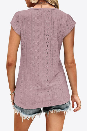 Unfazed Eyelet Short Sleeve V Neck Blouse - MXSTUDIO.COM