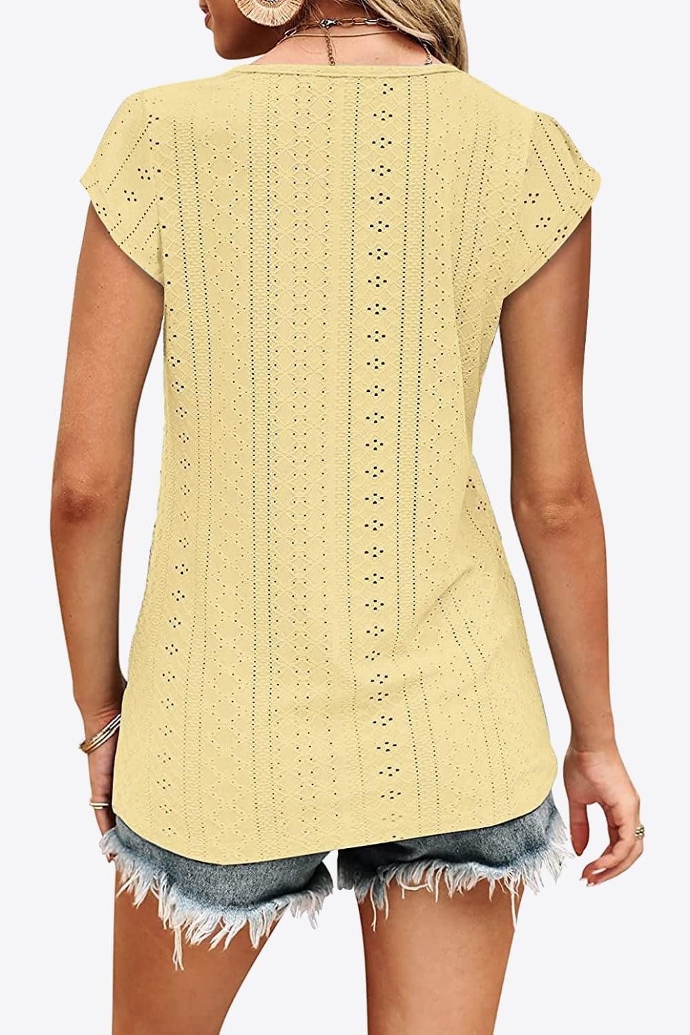 Unfazed Eyelet Short Sleeve V Neck Blouse - MXSTUDIO.COM