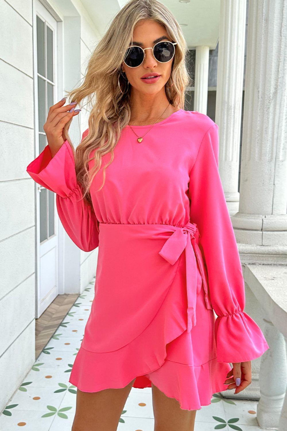 Unique Flair Long Sleeves Hot Pink Mini Dress - MXSTUDIO.COM