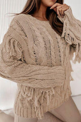 Unique Look Cable-Knit Fringe Sweater-MXSTUDIO.COM