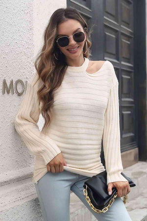 Uniquely Comfy Ribbed Knit Cold Shoulder Sweater - MXSTUDIO.COM