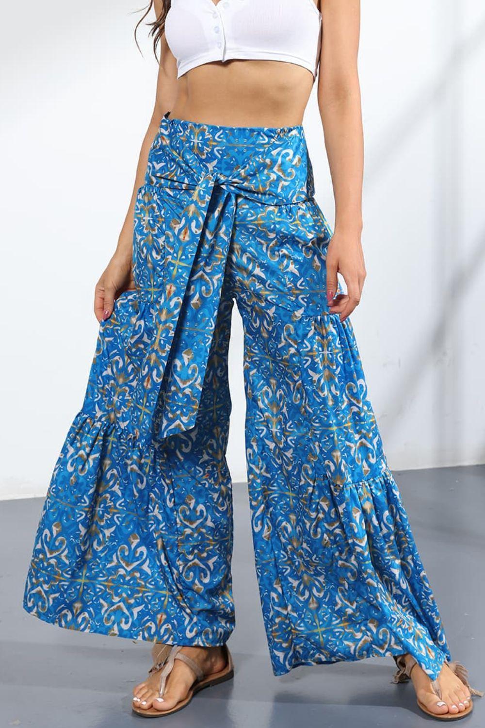 Unmatched Flare Tie Front Floral Palazzo Pants - MXSTUDIO.COM