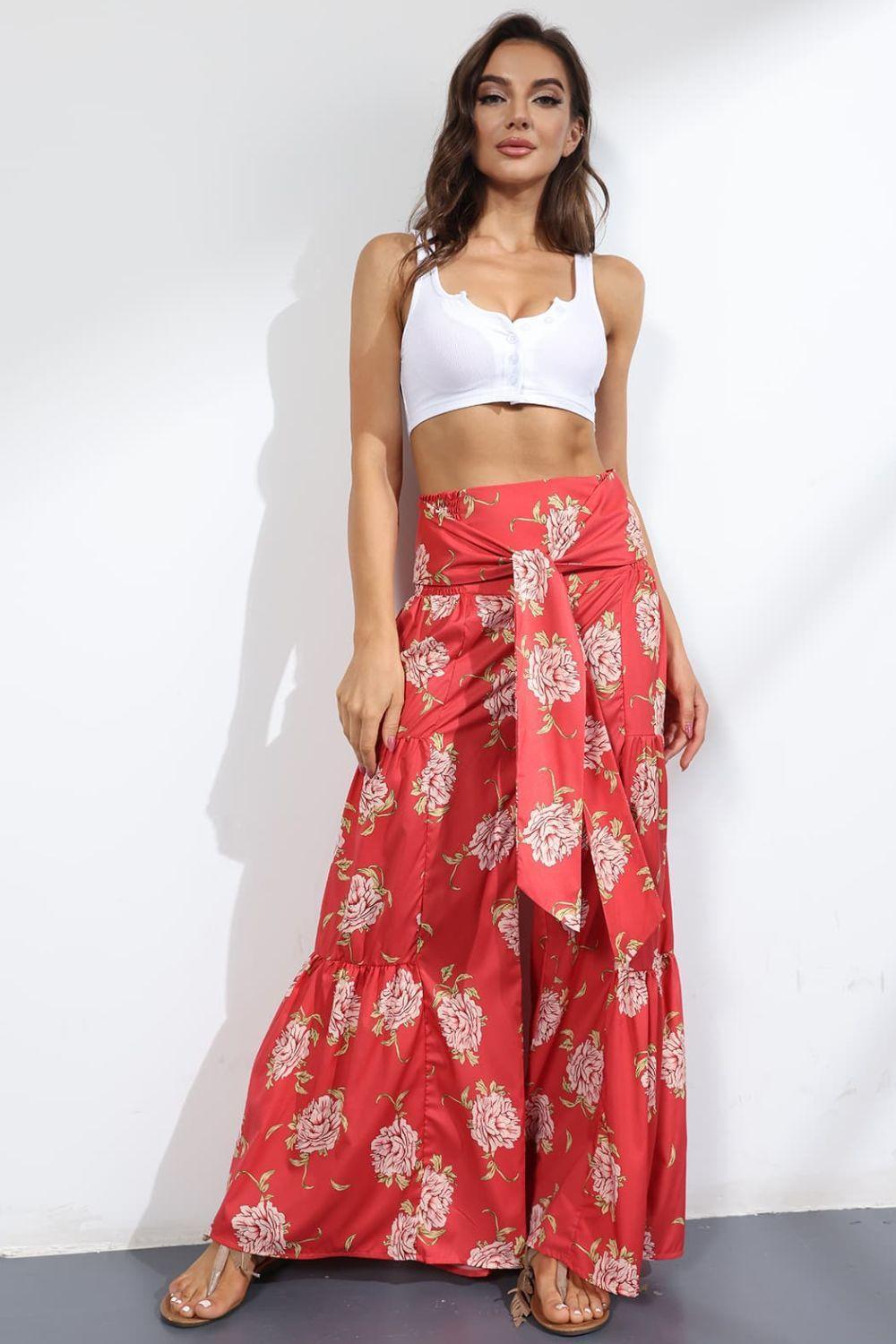 Unmatched Flare Tie Front Floral Palazzo Pants - MXSTUDIO.COM