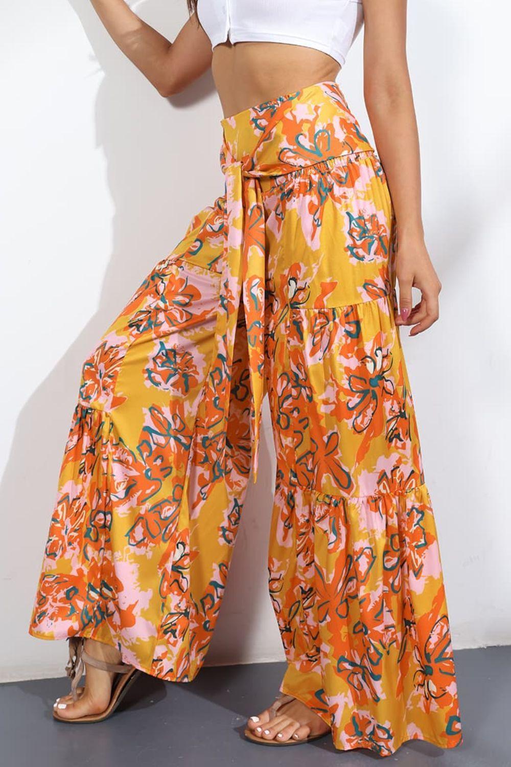 Unmatched Flare Tie Front Floral Palazzo Pants - MXSTUDIO.COM