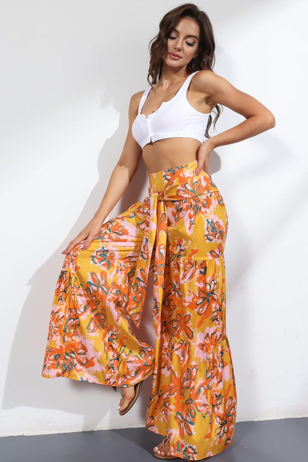 Unmatched Flare Tie Front Floral Palazzo Pants - MXSTUDIO.COM