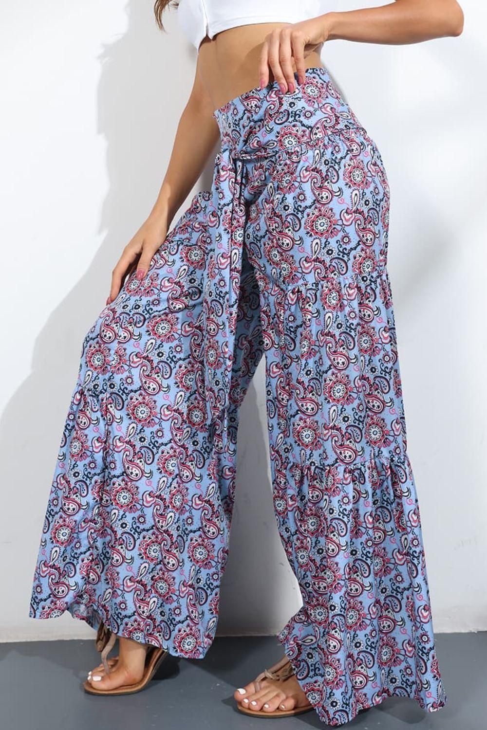 Unmatched Flare Tie Front Floral Palazzo Pants - MXSTUDIO.COM