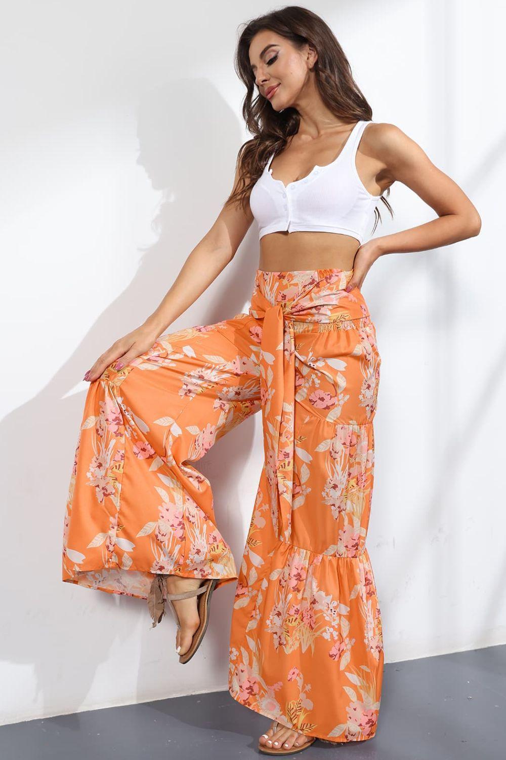 Unmatched Flare Tie Front Floral Palazzo Pants - MXSTUDIO.COM