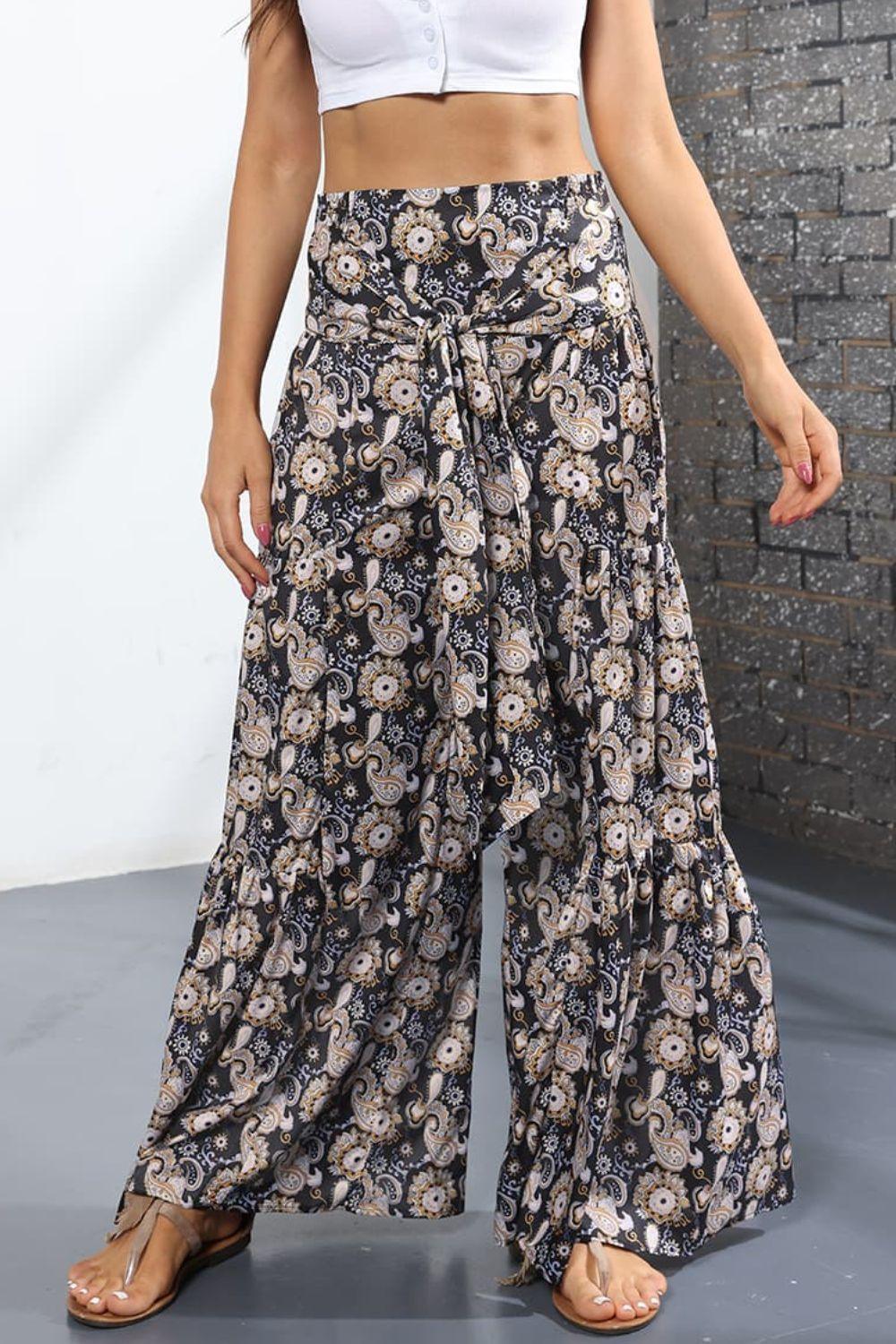 Unmatched Flare Tie Front Floral Palazzo Pants - MXSTUDIO.COM