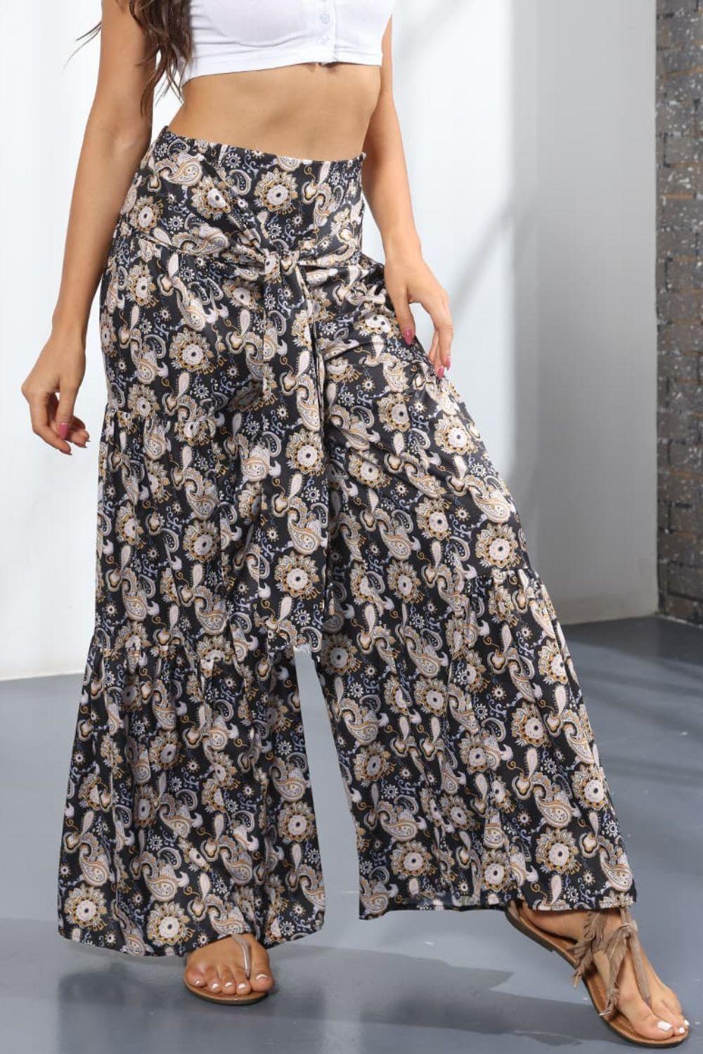 Unmatched Flare Tie Front Floral Palazzo Pants - MXSTUDIO.COM