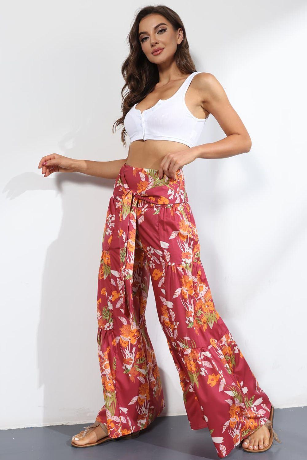 Unmatched Flare Tie Front Floral Palazzo Pants - MXSTUDIO.COM