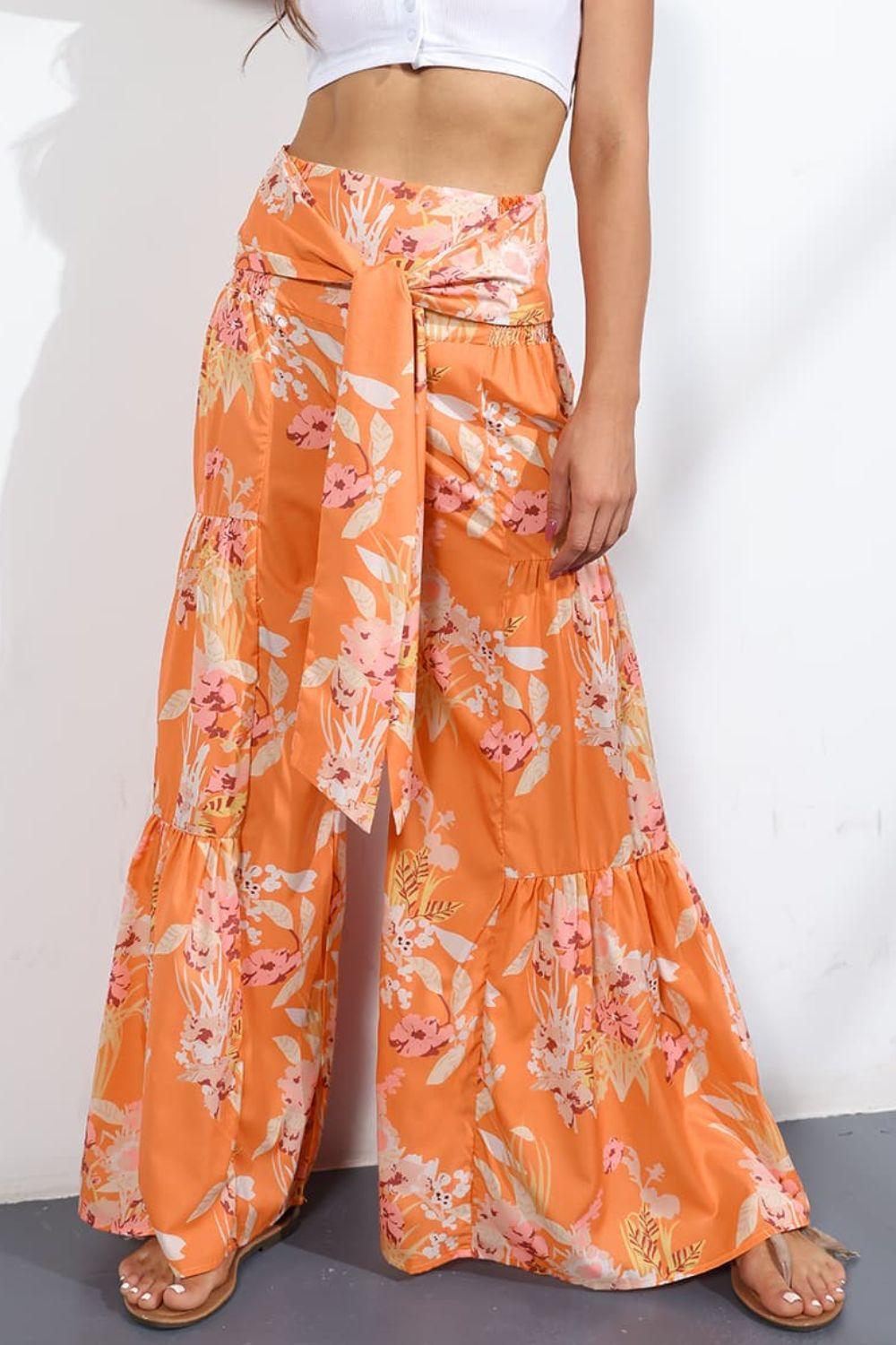 Unmatched Flare Tie Front Floral Palazzo Pants - MXSTUDIO.COM