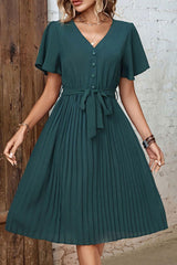 Unpredictable Belted Short Sleeve Pleated Dress - MXSTUDIO.COM