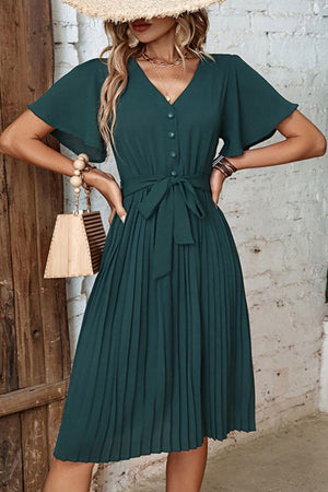 Unpredictable Belted Short Sleeve Pleated Dress - MXSTUDIO.COM