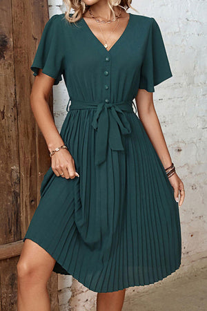 Unpredictable Belted Short Sleeve Pleated Dress - MXSTUDIO.COM