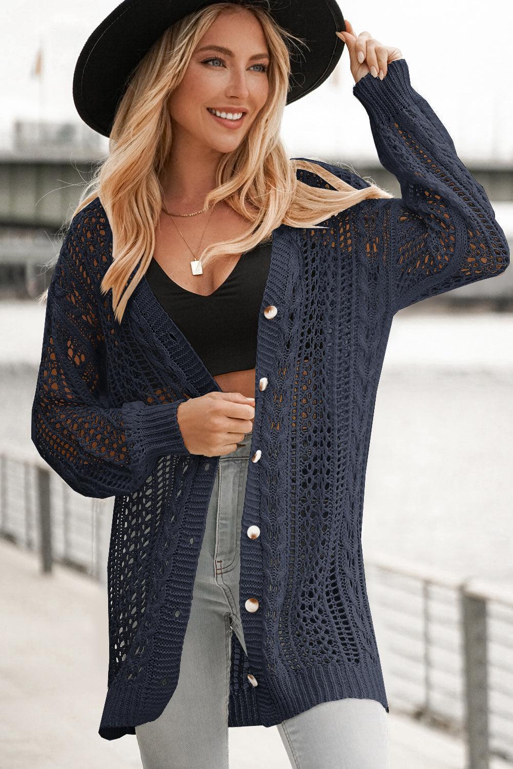 Unrestricted Openwork Ribbed Cuff Longline Cardigan - MXSTUDIO.COM