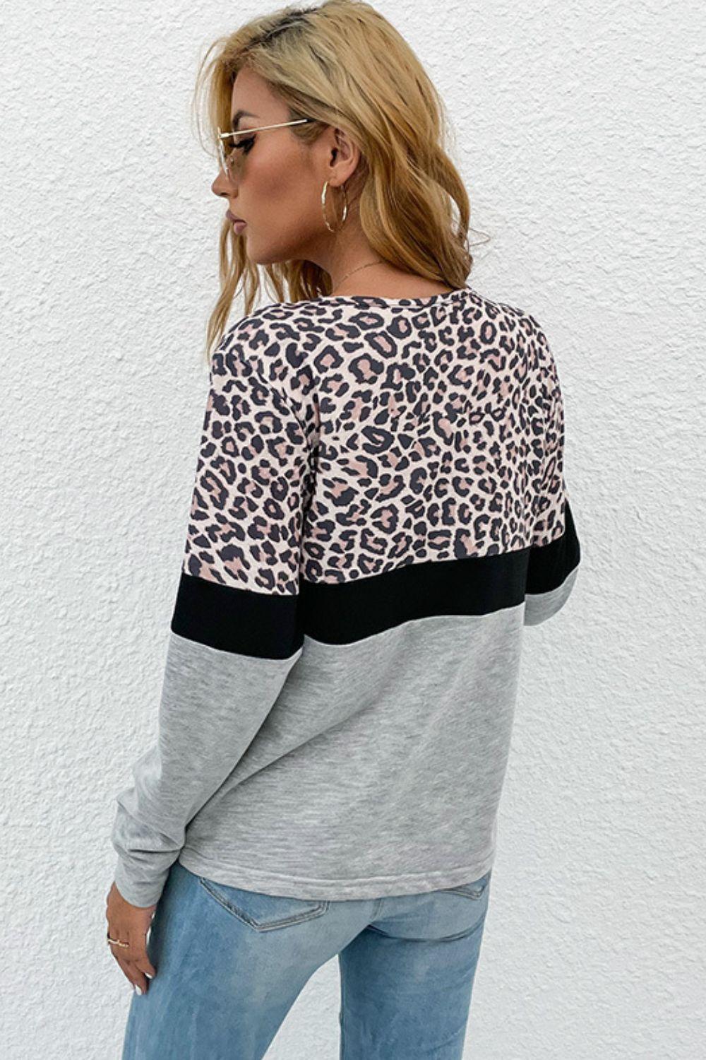 Unruffled Leopard V-Neck Long Sleeve T-Shirt - MXSTUDIO.COM