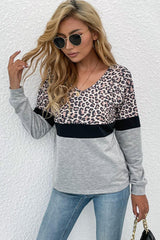 Unruffled Leopard V-Neck Long Sleeve T-Shirt - MXSTUDIO.COM