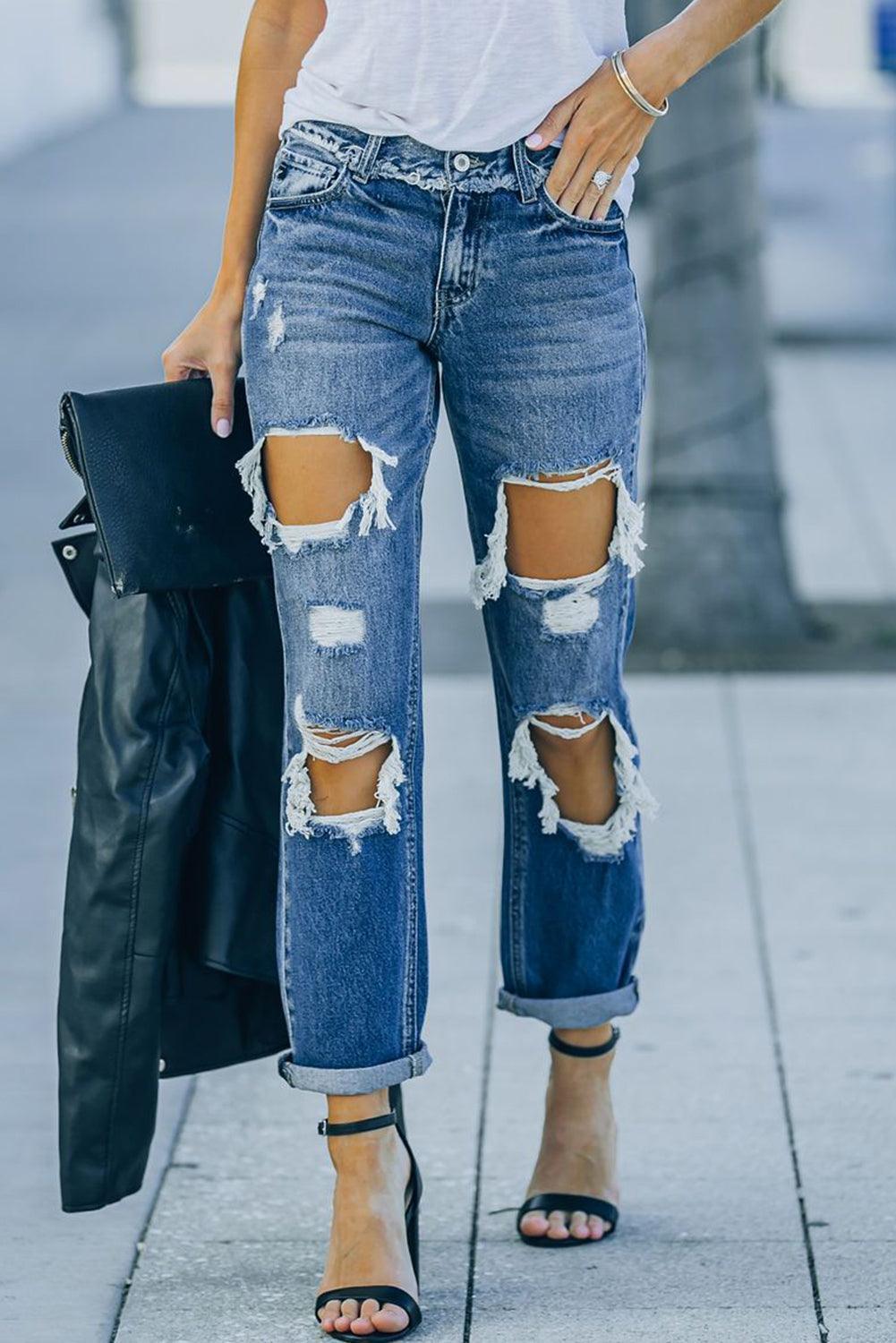 Unshakeable Distressed High Waist Straight Leg Jeans - MXSTUDIO.COM