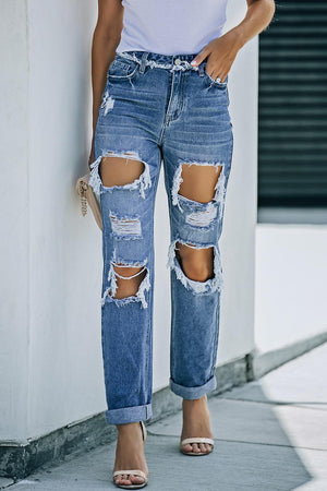 Unshakeable Distressed High Waist Straight Leg Jeans - MXSTUDIO.COM