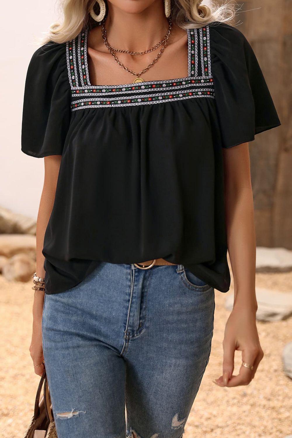 Unshaken Short Sleeve Square Neck Blouse - MXSTUDIO.COM