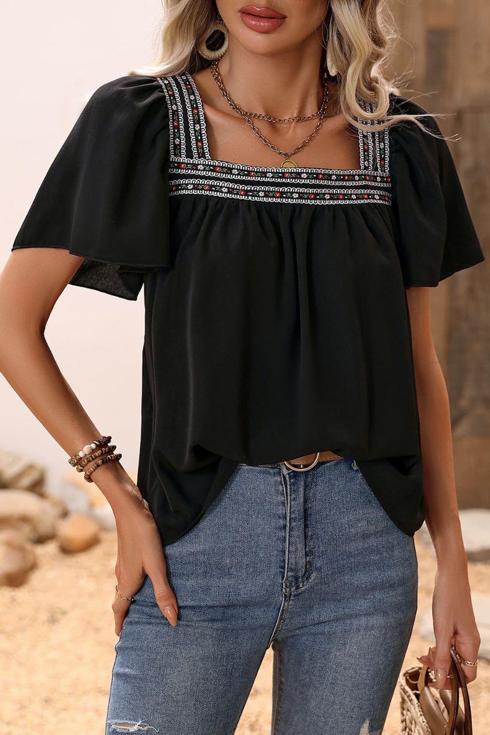 Unshaken Short Sleeve Square Neck Blouse - MXSTUDIO.COM