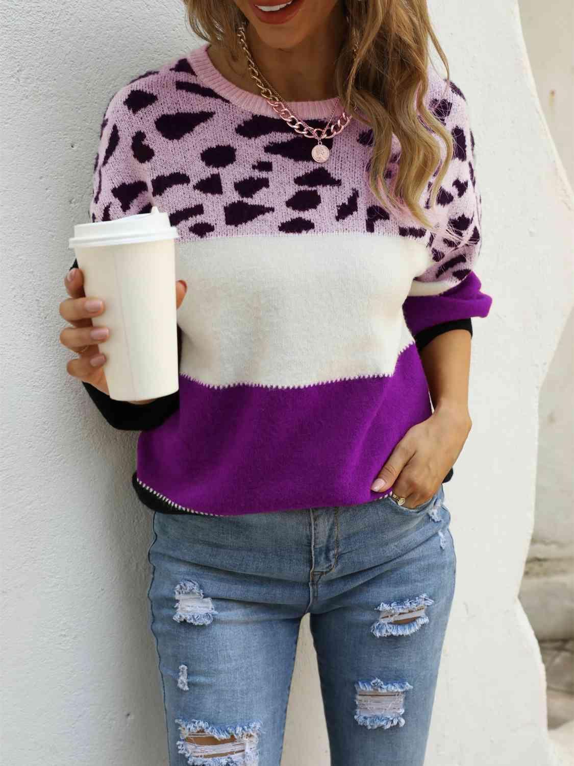 Untamed Warmth Leopard Color Block Knit Sweater-MXSTUDIO.COM