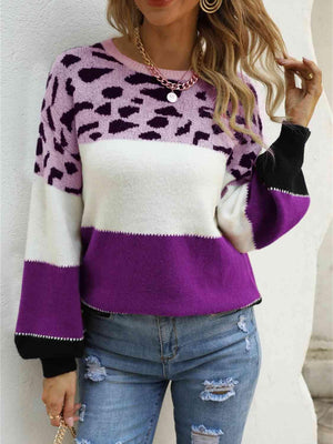 Untamed Warmth Leopard Color Block Knit Sweater-MXSTUDIO.COM