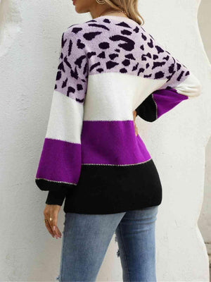 Untamed Warmth Leopard Color Block Knit Sweater-MXSTUDIO.COM