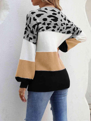 Untamed Warmth Leopard Color Block Knit Sweater-MXSTUDIO.COM