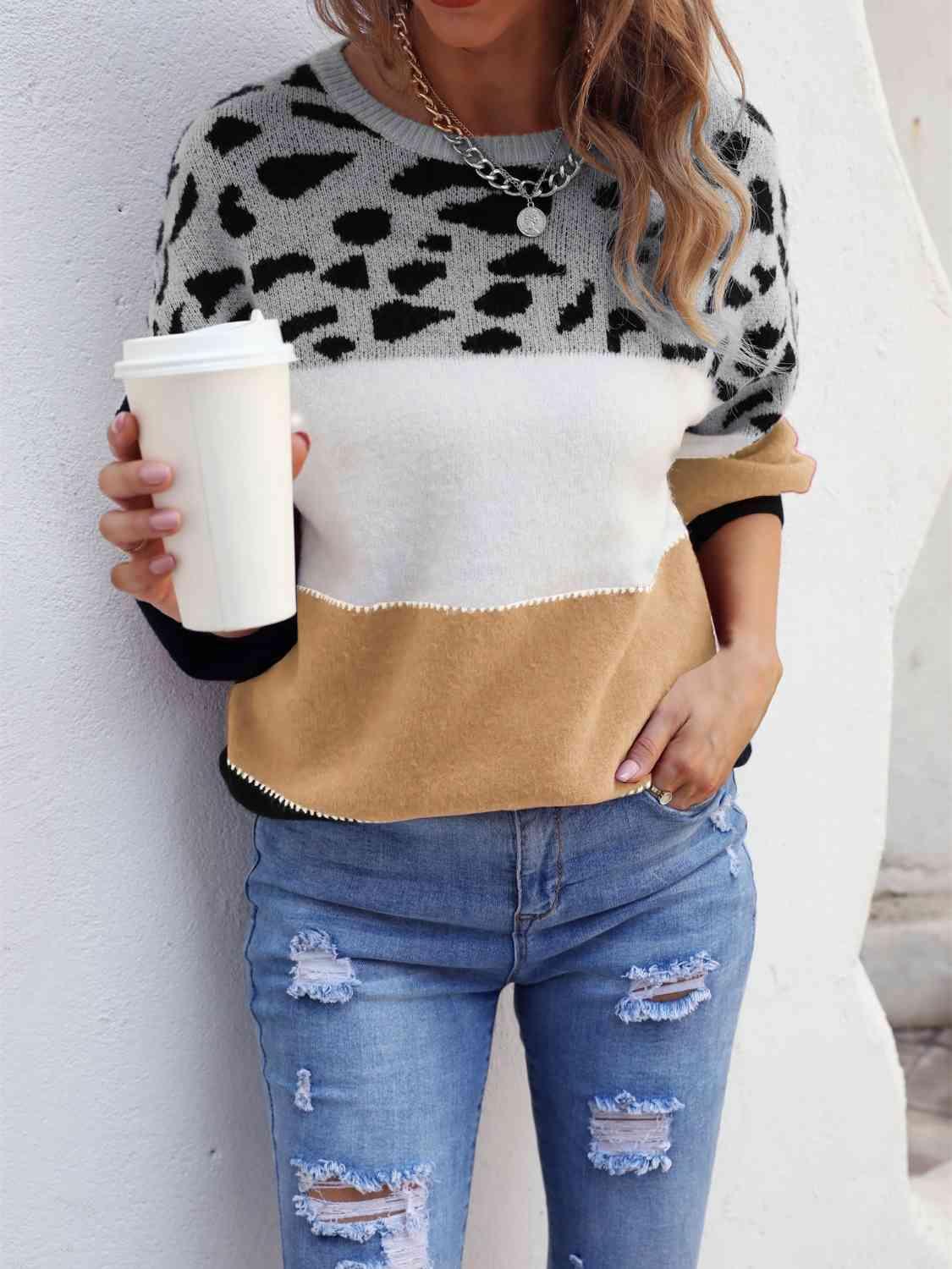 Untamed Warmth Leopard Color Block Knit Sweater-MXSTUDIO.COM