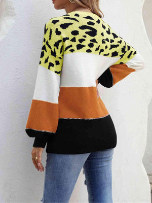 Untamed Warmth Leopard Color Block Knit Sweater-MXSTUDIO.COM