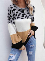 Untamed Warmth Leopard Color Block Knit Sweater-MXSTUDIO.COM