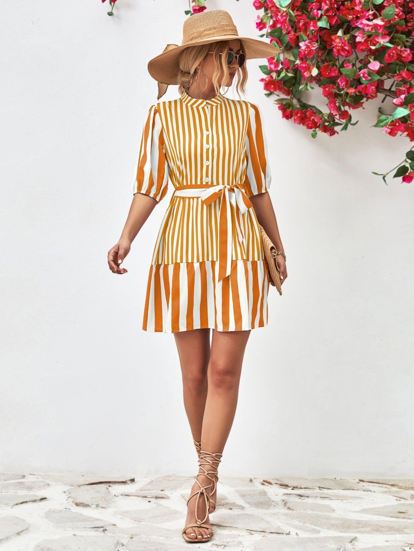 Untouchable Half Sleeve Vertical Striped Dress - MXSTUDIO.COM