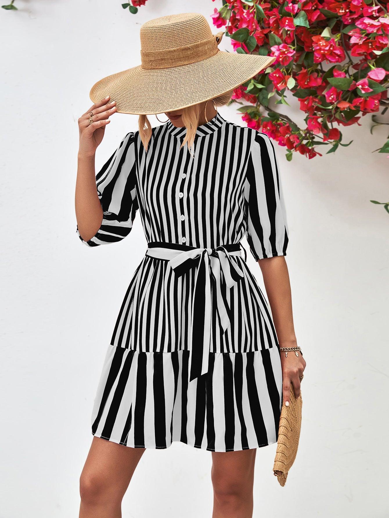 Untouchable Half Sleeve Vertical Striped Dress - MXSTUDIO.COM