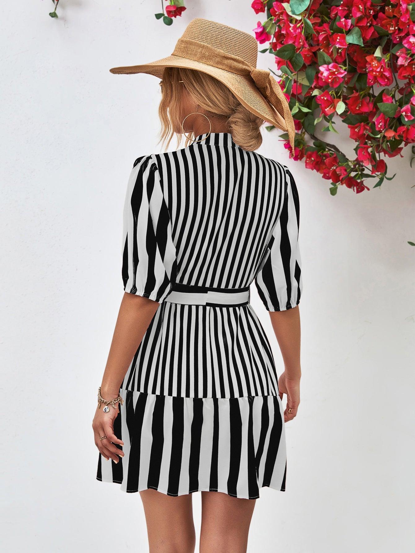 Untouchable Half Sleeve Vertical Striped Dress - MXSTUDIO.COM