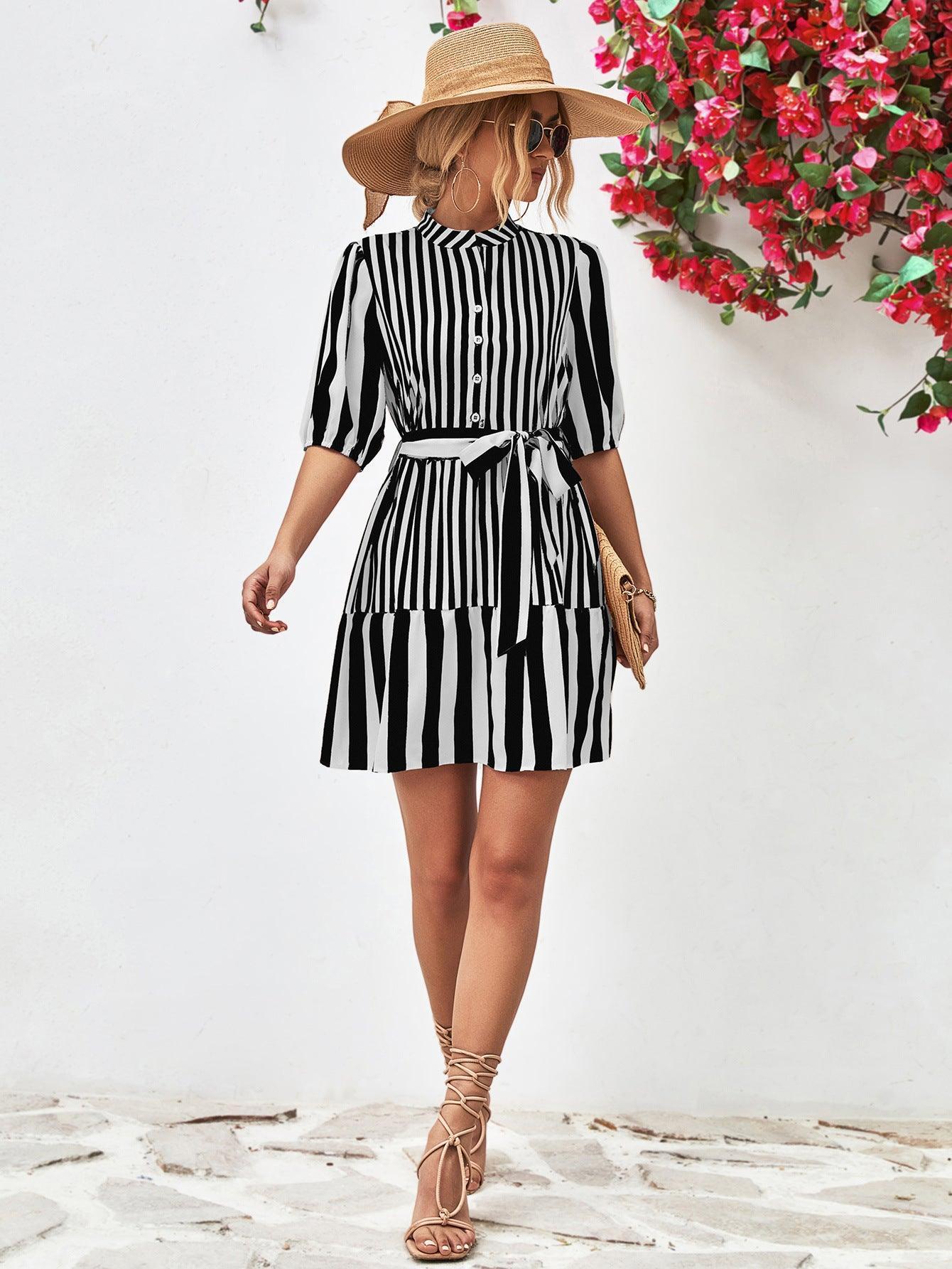 Untouchable Half Sleeve Vertical Striped Dress - MXSTUDIO.COM