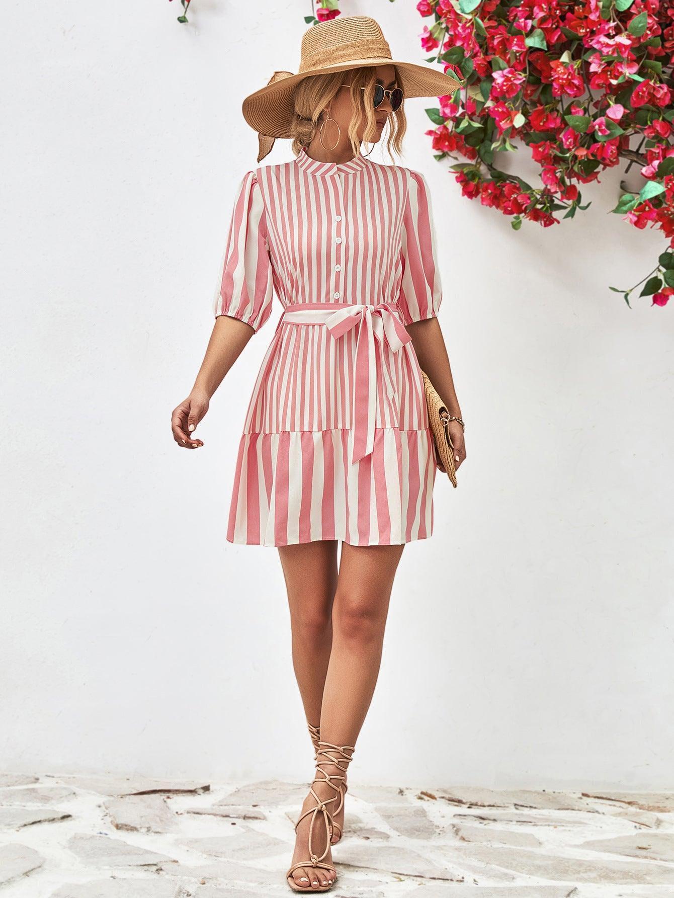 Untouchable Half Sleeve Vertical Striped Dress - MXSTUDIO.COM