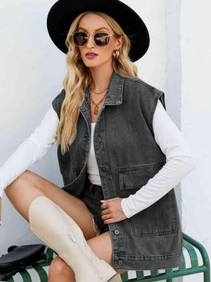 Unwavering Collared Neck Denim Sleeveless Top - MXSTUDIO.COM