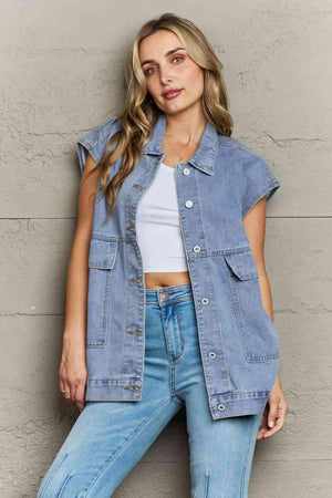 Unwavering Collared Neck Denim Sleeveless Top - MXSTUDIO.COM