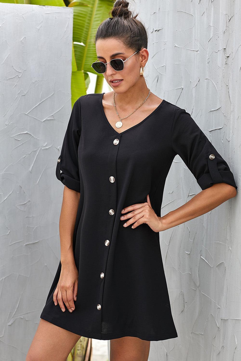 Unwind In Style Half Sleeve Button Front Mini Dress - MXSTUDIO.COM