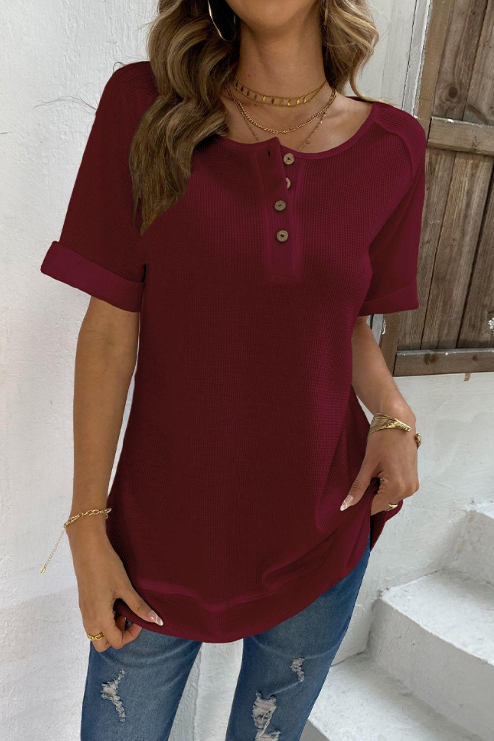 Upgraded Version of Me Cuffed Sleeve Henley Top - MXSTUDIO.COM