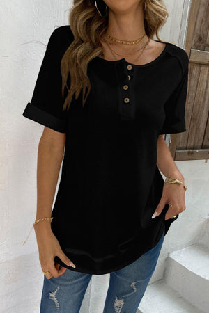 Upgraded Version of Me Cuffed Sleeve Henley Top - MXSTUDIO.COM