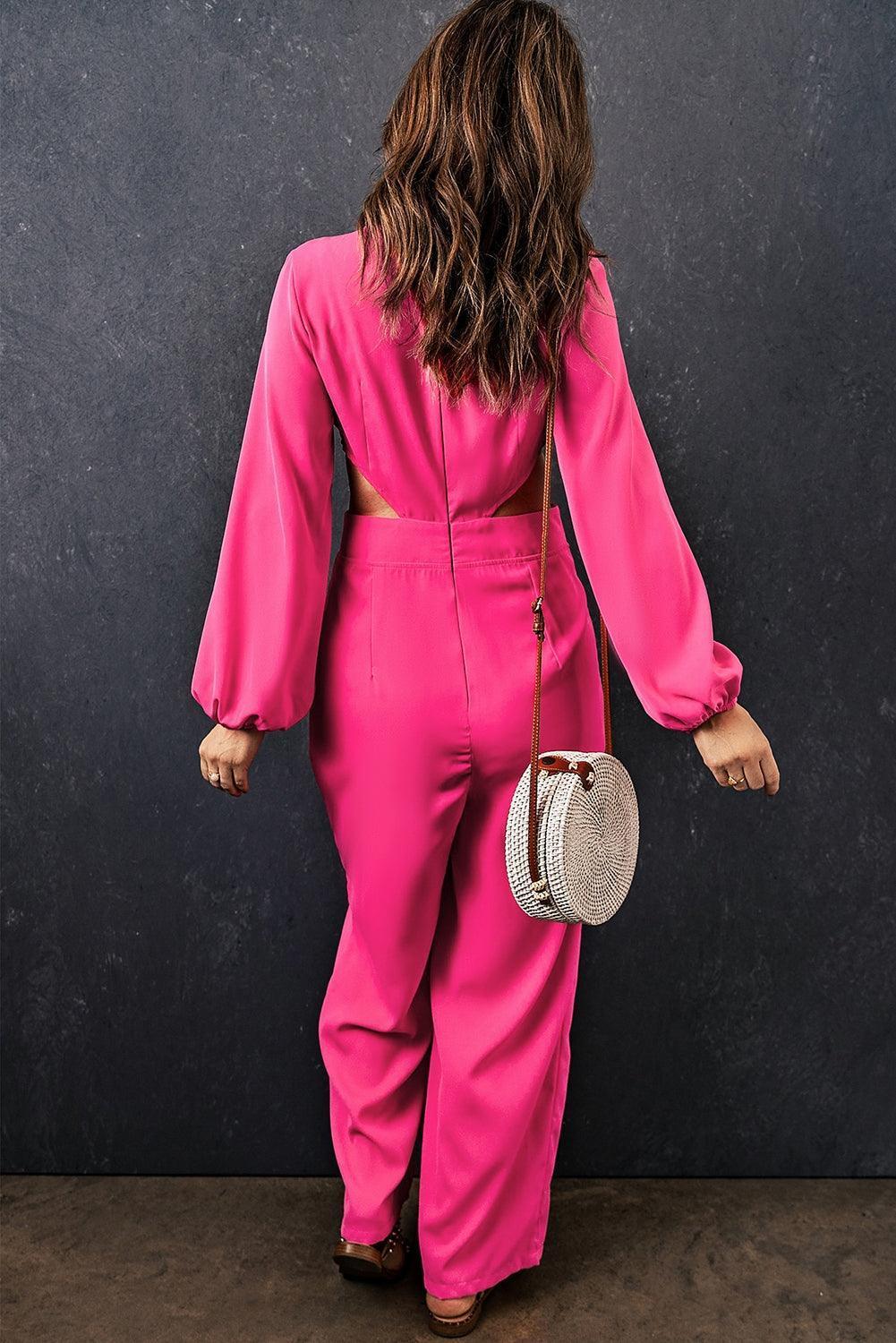 Uptown Girl Wide Leg Pink Long Sleeve Jumpsuit - MXSTUDIO.COM